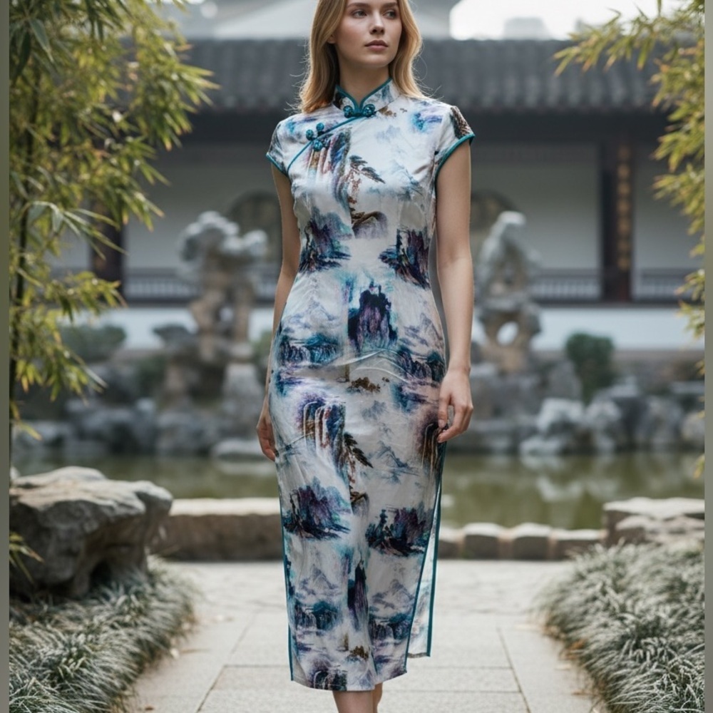Hemp Blend Scenic Print Maxi Dress XS